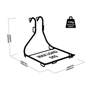 Technical diagram of a Wholegrain Cycles Jack Black bike rack with dimensions and load capacity.