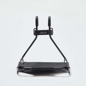 A Wholegrain Cycles Jack Black bike rack, metal frame, featuring the brand name 'JACK' on the rear support, shot against a plain white background.