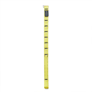 A long, narrow Wholegrain Cycles yellow and black load strap with a black label near the top, photographed vertically against a plain white background.